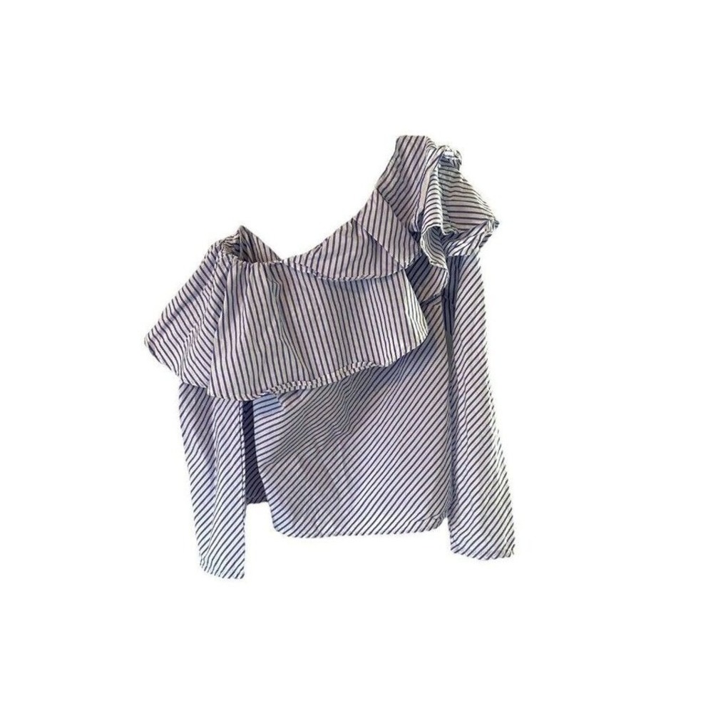 Gap Womens Blue White Striped One Shoulder Ruffle Top XS Long Sleeve Cotton